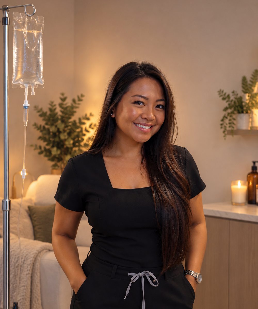 Angela Borile standing beside an IV stand in a warmly lit treatment space