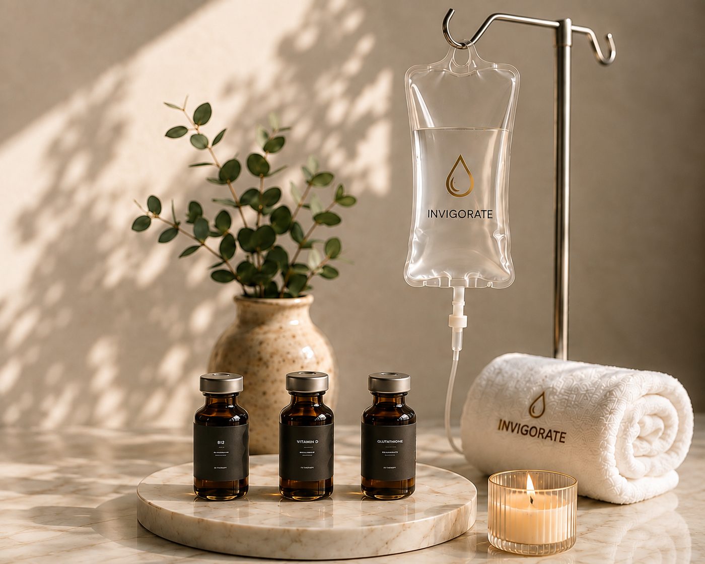 An Invigorate IV bag on a stand beside labelled B12, Vitamin D and glutathione vials, a rolled towel and a lit candle