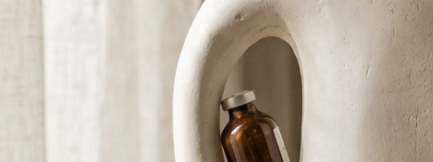 An amber wellness vial resting within a sculptural ceramic form